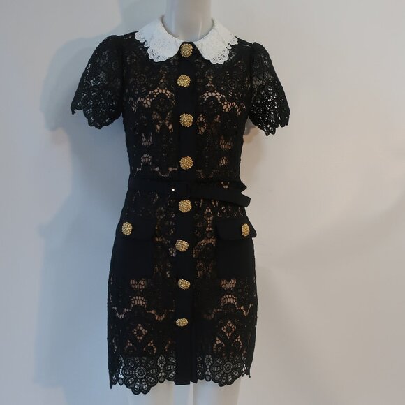 Womens Self-Portrait Black White Guipure Lace Sheath Cindy Mini Dress 6 - Picture 9 of 16